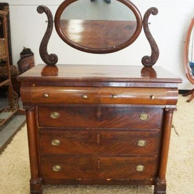 1120	ANTIQUE 5 DRAWER EMPIRE CHEST OF DRAWERS WITH CORINTHIAN COLUMNS, CARVED PAW FEET AND MIRROR TOP. APPROXIMATELY 42 IN X 22 IN X 63...