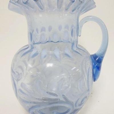 1240	FENTON BUTTON & BRAID PITCHER, BLUE OPALESCENT PITCHER, EARLY FENTON, APPROXIMATELY 10 IN HIGH
