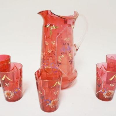 1227	VICTORIAN CRANBERRY ENAMELED WATER SET INCLUDING 10 IN HIGH BLOWN GLASS PITCHER & 5-4 IN TUMBLERS
