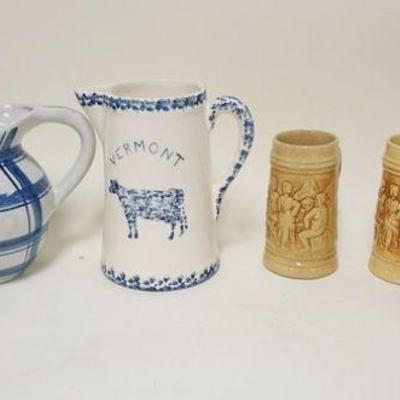 1309	LOT OF ASSORTED POTTERY INCLUDING VERMONT PITCHERS, 4 BROWN STONEWARE FIGURAL STEINS/CIDER CUPS
