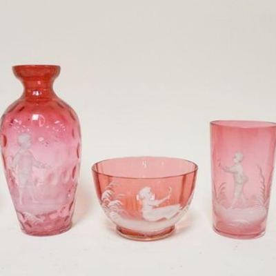 1270	5 PIECE LOT OF CRANBERRY MARY GREGORY ENAMELED GLASS, TALLEST IS APPROXIMATELY 9 IN HIGH
