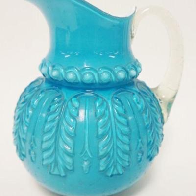 1231	NORTHWOOD BLUE CASED GLASS LEAF UMBRELLA PITCHER, BLOWN GLASS, APPROXIMATELY 9 IN HIGH
