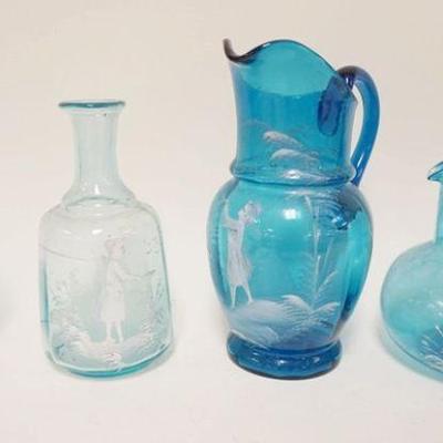 1273	4 PIECE LOT ASSORTED MARY GREGORY ENAMEL DECORATED GLASS INCLUDING PITCHER, TANKARD & BOTTLE, LARGEST IS IS APPROXIMATELY 10 1/4 IN...