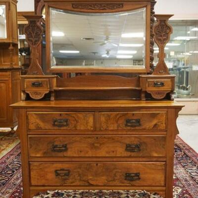 1006	DIMINUTIVE CONTIENTAL WALNUT CHEST, 6 DRAWER W/CARVED MIRROR HARP & CREST, BEVELED EDGE MIRROR W/SWAG TOP, APPROXIMATELY 45 IN X 19...