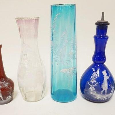 1277	6 PIECE LOT OF ASSORTED MARY GREGORY ENAMELED GLASS INCLUDING VASES & BABER BOTTLE, TALLEST IS APPROXIMATELY 10 IN HIGH
