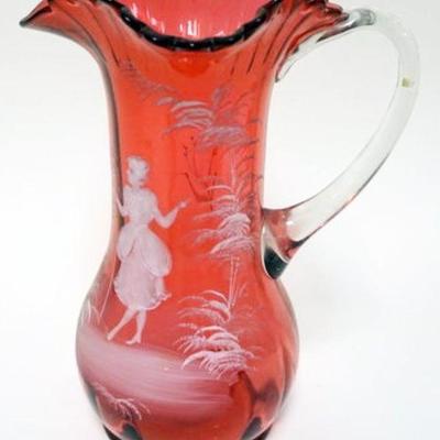 1185	ANTIQUE MARY GREGORY ENAMELED CRANBERRY PITCHER WITH SCENE OF YOUNG GIRL, APPROXIMATELY 11 1/2 IN HIGH
