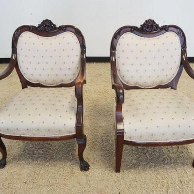 1032	PAIR OF VICTORIAN UPHOLSTERED ARMCHAIRS W/CARVED CREST
