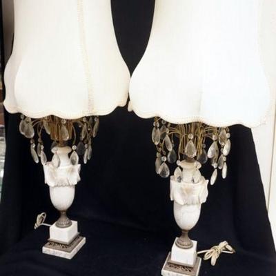 1108	PAIR OF URN SHAPED MARLBE LAMPS WITH PRISMS, APPROXIMATELY 36 IN HIGH
