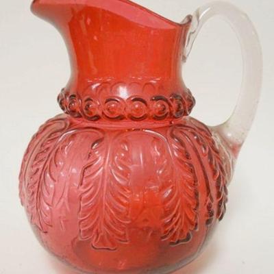 1230	NORTHWOOD CRANBERRY LEAF UMBRELLA PITCHER, BLOWN GLASS, APPROXIMATELY 8 3/4 IN HIGH
