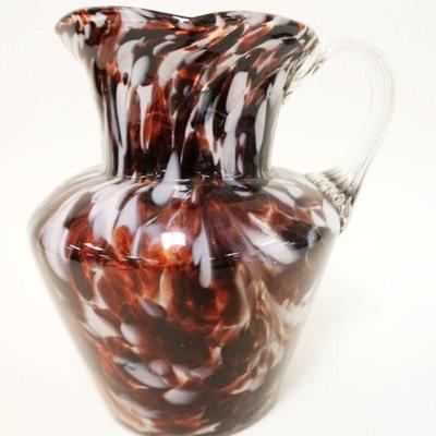 1233	VICTORIAN SPATTER GLASS DARK AMBER PITCHER W/WHITE, BLOWN GLASS, APPROXIMATELY 8 1/2 IN HIGH
