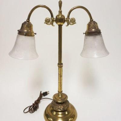 1060	ANTIQUE BRASS DOUBLE LAMP W/ETCHED GLASS SHADES, APPROXIMATELY 21 1/2 IN HIGH
