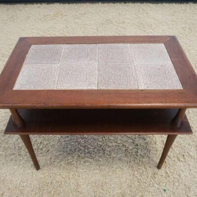 1047	MIDCENTURY MODERN 2 TIER STAND W/INSET TILES ON TOP, EDGE OF TABLE CHIPPED, APPROXIMATELY 30 IN X 18 IN X 22 IN HIGH
