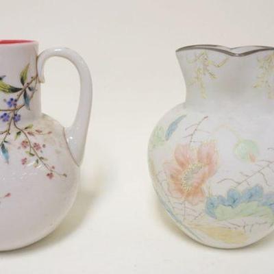 1239	LOT OF 2 VICTORIAN PITCHERS, CASED BLOWN GLASS ENAMELED PITCHERS, APPROXIMATELY 8 1/2 IN HIGH
