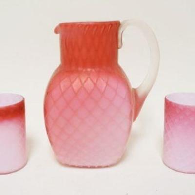 1246	DIMAOND QUILTED MOTHER OF PEARL SATIN GLASS 5 PIECE WATER SET, ALL POLISHED PONTILS, PITCHER APPROXIMATELY 8 1/2 IN HIGH

