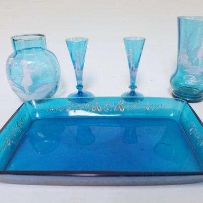 1255	LOT OF ASSORTED BLUE GLASS MARY GREGORY INCLUDING VASES & TRAY, LARGEST IS APPROXIMATELY 5 1/2 IN HIGH
