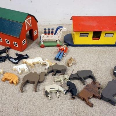 1091	GROUP OF ANTIQUE TOYS INCLUDING WOODEN BARN WITH ANIMALS, NOAHS ARC AND WOOD SOLDIER *GRANDADS TOY*
