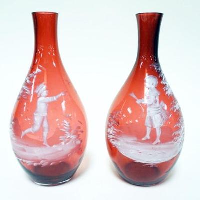 1180	PAIR OF ANTIQUE MARY GREGORY ENAMELED CRANBERRY VASES, APPROXIMATELY 8 3/4 IN HIGH WITH SCENE OF BOY & GIRL
