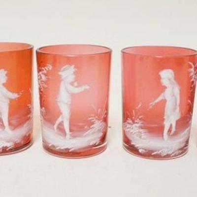 1281	GROUP OF 6 CRANBERRY MARY GREGORY ENAMELED GLASS TUMBLERS, 4-3 3/4 IN HI, 2-3 IN HIGH
