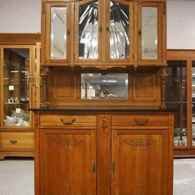 1003	2 PART FRENCH MARBLE TOP OAK CABINET W/DOUBLE LEADED GLASS DOORS & MIRROR BACK, APPROXIMATELY 48 IN X 20 IN X 87 IN HIGH

