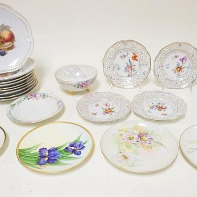 1304	GROUP OF ASSORTED DECORATIVE CHINA PLATES INCLUDING SET OF GERMAN FRUIT PLATES W/RETICULATED EDGE & VARIOUS HAND PAINTED CHINA
