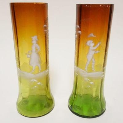1188	PAIR OF ANTIQUE MARY GREGORY ENAMELED GREEN TO AMBER VASES, APPROXIMATELY 9 1/4 IN HIGH
