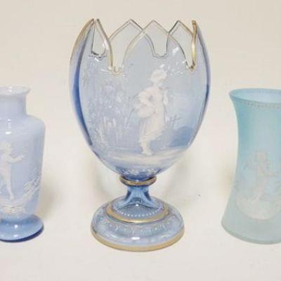 1272	5 PIECE LOT OF ASSORTED MARY GREGORY ENAMEL DECORATED GLASS, VASES & BOTTLE, LARGEST IS APPROXIMATELY 9 1/2 IN
