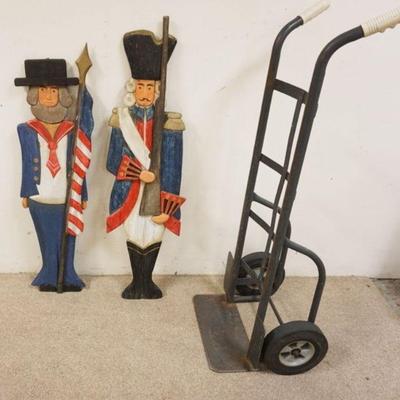 1077	FOLK ART WOOD CARVED FIGURES OF SOLDIER & MAN HOLDING AMERICAN FLAG, TALLEST IS APPROXIMATELY 50 IN HIGH
