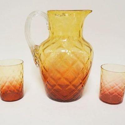 1289	VICTORIAN BLOWN GLASS 5 PIECE WATER SET, AMBERINA DIAMOND PATTERN, PITCHER IS APPROXIMATELY 9 1/4 IN HIGH
