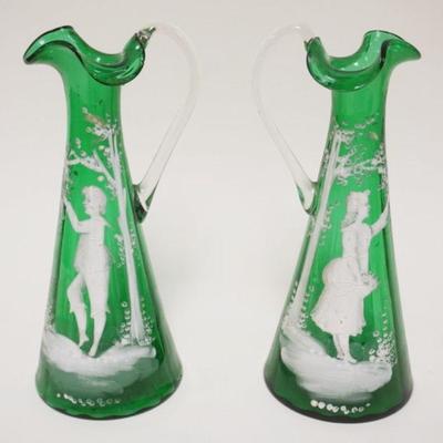 1189	PAIR OF ANTIQUE MARY GREGORY GREEN ENAMELED PITCHERS, LARGEST APPROXIMATELY 10 IN HIGH
