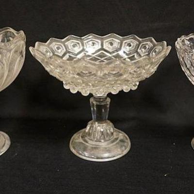 1300	ANTIQUE PATTERN GLASS COMPOTES, LOT OF 3 INCLUDING HONEYCOMB, LOOP, APPROXIMATELY 9 IN
