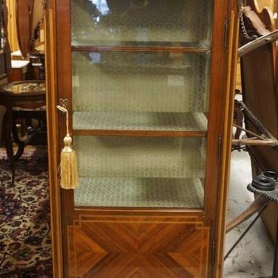 1035	BANDED & INLAID VITRINE CABINET W/MARBLE TOP, MARBLE CRACKED, APROXIMATELY 28 IN X 16 IN X 62 IN
