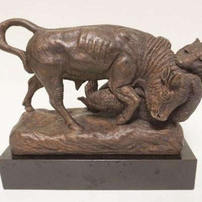 1107	COMPOSITE SCULPTURE OF STOCK MARKET BULL AND BEAR ON WOOD BASE, 4 1/2 IN X 11 IN X 10 IN
