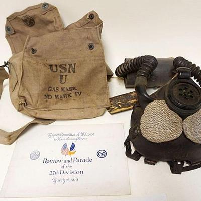 1313	LOT ANTIQUE USN GAS MASK ND MARK IV WWII ERA, BOOK/PROGRAM WELCOMING HOME 1919 TROOPS
