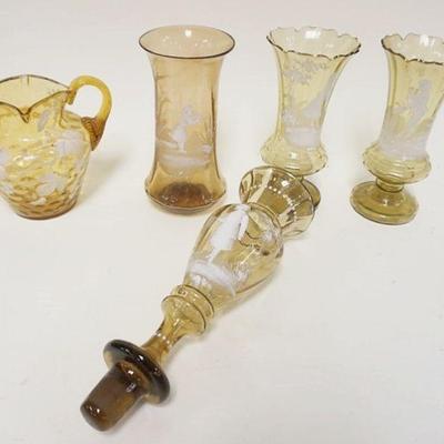 1268	5 PIECE LOT OF ENAMEL DECORATED MARY GREGORY GLASS, LARGEST IS APPROXIMATELY 10 1/2 IN HIGH
