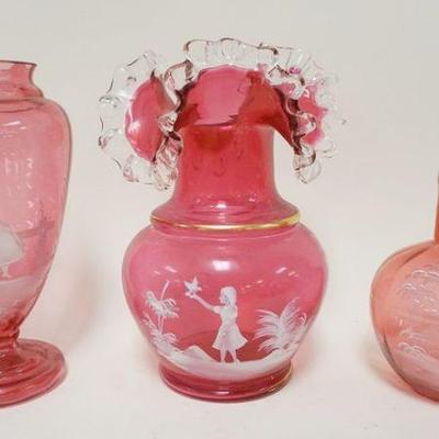 1269	3 PIECE LOT OF CRANBERRY MARY GREGORY ENAMELED GLASS, TALLEST IS APPROXIMATELY 10 1/2 IN 
