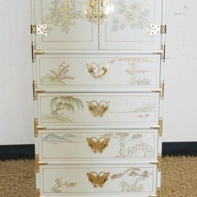 1128	ASIAN 4 DRAWER, 2 DOOR CHEST WITH BRASS BUTTERFLY PULLS. DECORATED ALL AROUND WITH ASIAN SCENES, APPROXIMATELY 22 IN X 16 IN X 52 IN...