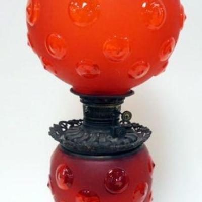1217	VICTORIAN RED SATIN GLASS GONE WITH THE WIND PARLOR LAMP, ELECTRIFIED, APPROXIMATELY 29 IN HIGH
