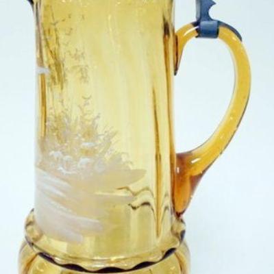 1195	ANTIQUE MARY GREGORY ENAMELED AMBER PITCHER WITH PEWTER LID, APPROXIMATELY 13 1/2 IN HIGH
