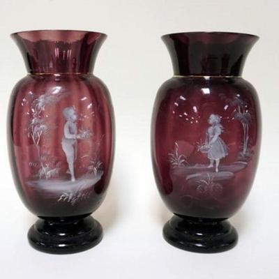 1179	PAIR OF ANTIQUE MARY GREGORY ENAMELED AMETHYST VASES, APPROXIMATELY 10 IN HIGH WITH SCENE OF BOY & GIRL
