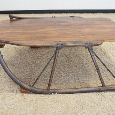 1017	UNUSUAL OAK TOP SLEIGH COFFEE TABLE, APPROXIMATELY 61 IN X 41 IN X 21 IN HIGH
