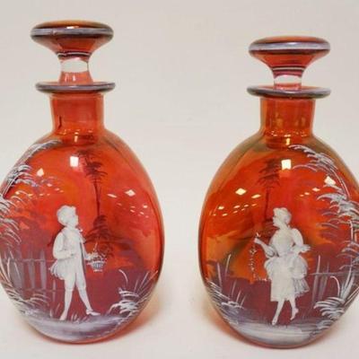 1199	PAIR OF ANTIQUE MARY GREGORY PINCH DECANTORS, RUBY STAINED, APPROXIMATELY 9 1/2 IN HIGH
