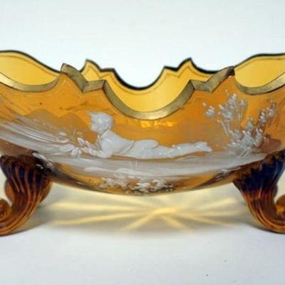 1203	ANTIQUE MARY GREGORY AMBER ENAMELED OBLONG FOOTED BOWL, APPROXIMATELY 6 IN X 10 IN X 5 IN HIGH
