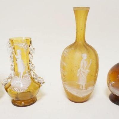 1271	GROUP OF 4 PIECES OF MARY GREGORY ENAMELED AMBER GLASS VASES & CRUET, TALLEST IS APPROXIMATELY 9 1/4 IN HIGH
