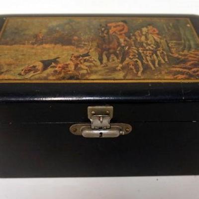 1206	VINTAGE POKER CHIPS IN WOOD BOX WITH HUNT SCENE TOP, APPROXIMATELY 6 IN X 10 IN X 5 1/2 IN
