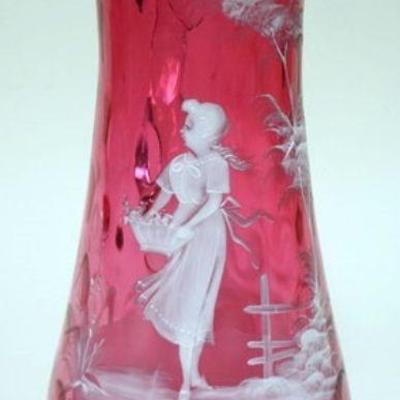 1184	ANTIQUE MARY GREGORY ENAMELED CRANBERRY PITCHER WITH SCENE OF GIRL HOLDING A BASKET, APPROXIMATELY 12 IN HIGH
