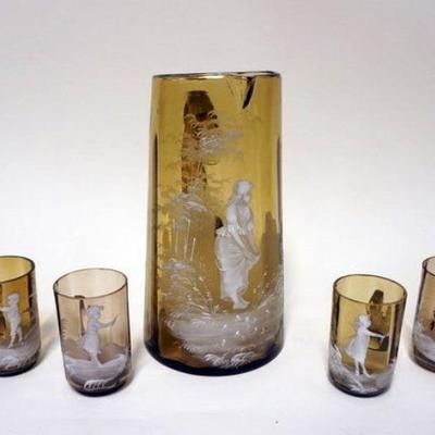 1197	ANTIQUE MARY GREGORY ENAMELED AMBER WATER SET WITH 6 GLASSES WITH HANDLES

