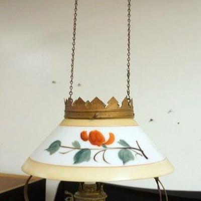 1085	VICTORIAN HANGING LAMP WITH BRASS  FONT AND HAND PAINTED SHADE

