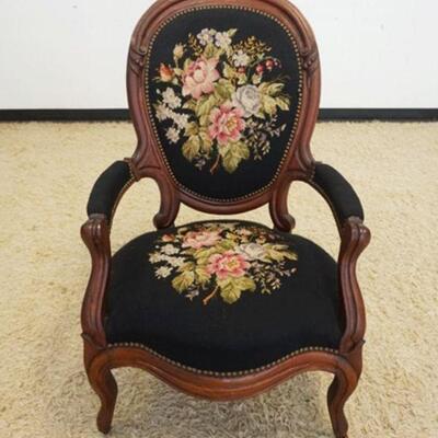1023	WALNUT MEDALION BACK VICTORIAN ARMCHAIR, FLORAL UPHOLSTERY
