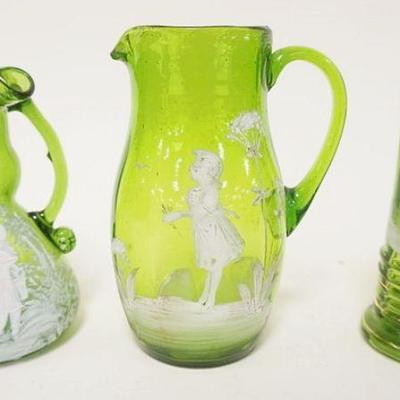 1280	3 PIECE LOT OF MARY GREGORY GREEN ENAMELED GLASS MINIATURE PITCHERS, TALLEST IS APPROXIMATELY 5 1/4 IN
