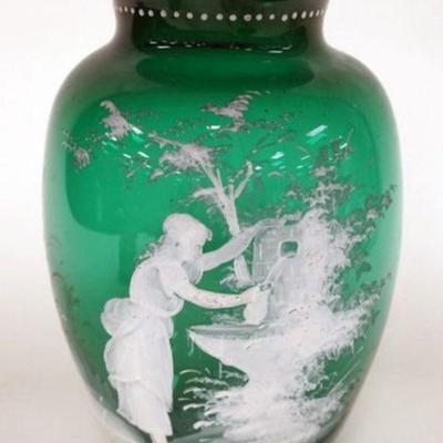 1191	ANTIQUE MARY GREGORY GREEN ENAMELED VASE, SCENE OF WOMAN AT FOUNTAIN, APPROXIMATELY 11 1/2 IN HIGH
